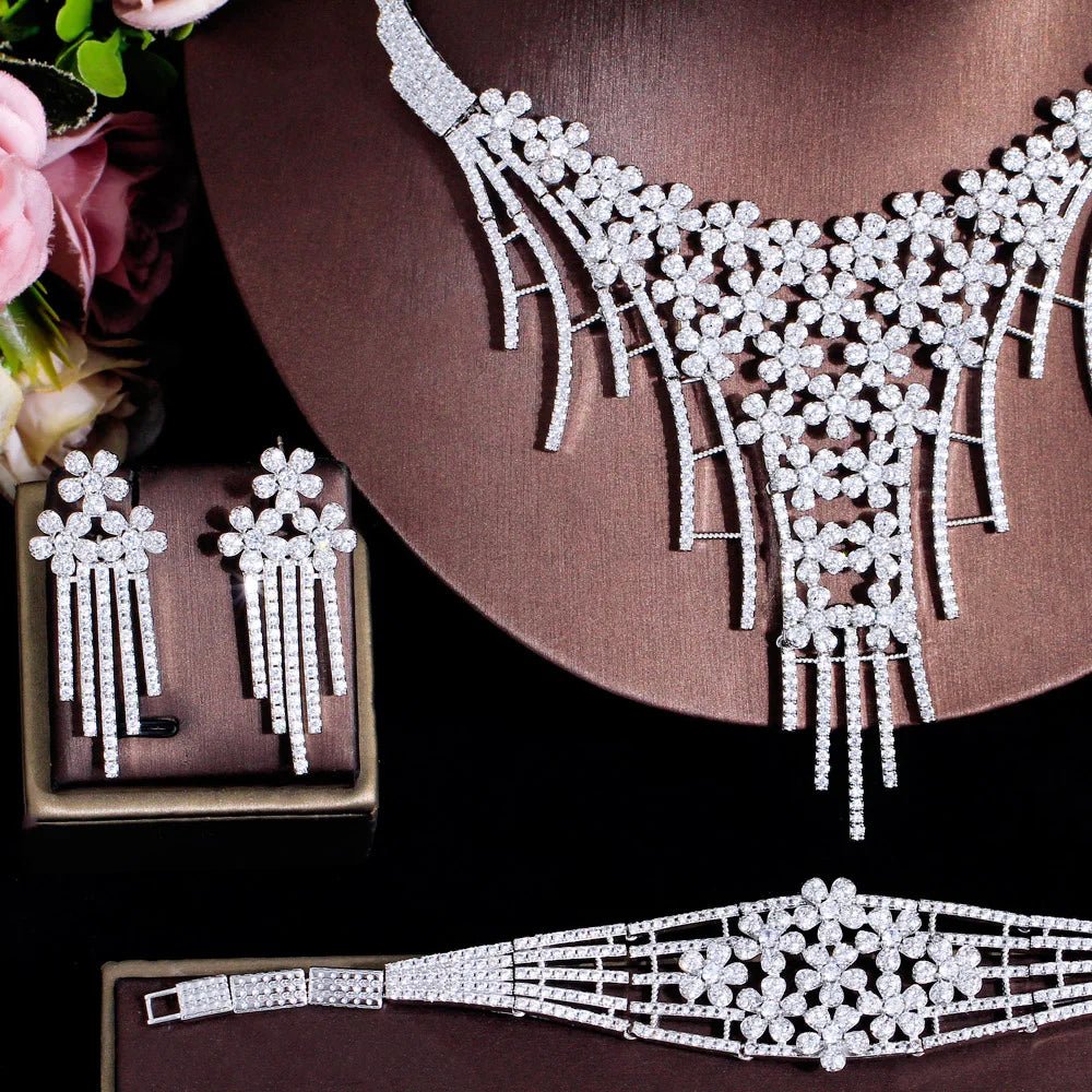 Jewellery Set4Pcs Cluster Flower Tassel Wedding Bridal Pageant Necklace Jewelry Sets T708 - WS Jewellery