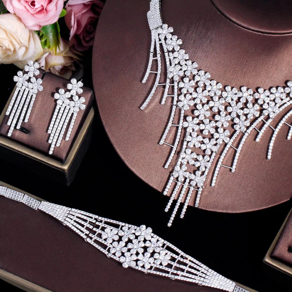 Jewellery Set4Pcs Cluster Flower Tassel Wedding Bridal Pageant Necklace Jewelry Sets T708 - WS Jewellery