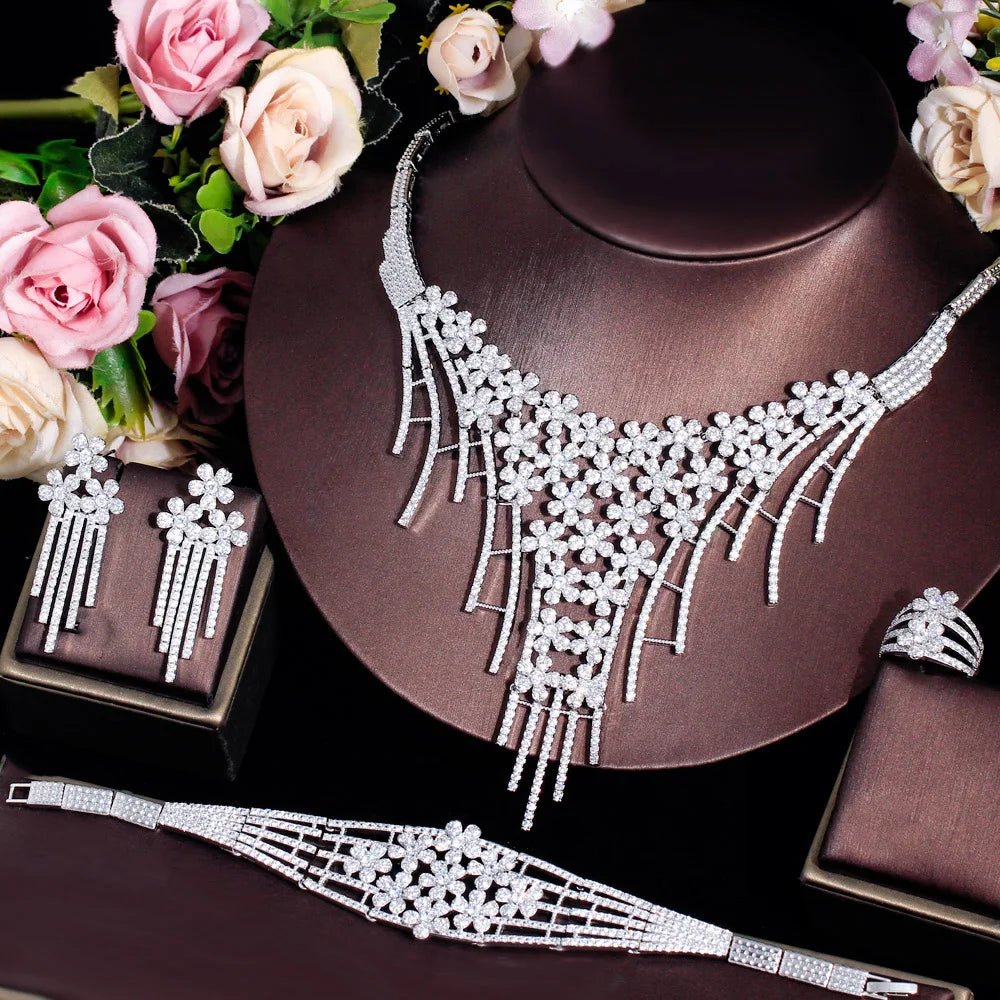 Jewellery Set4Pcs Cluster Flower Tassel Wedding Bridal Pageant Necklace Jewelry Sets T708 - WS Jewellery