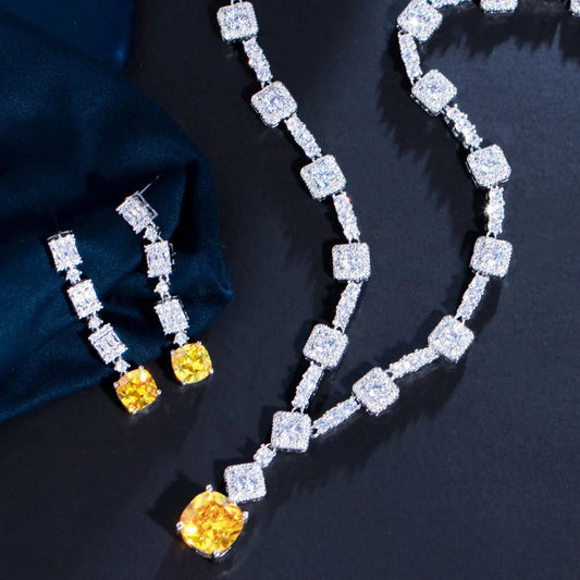 Jewellery SetClassic Square Cut Yellow Bridal Necklace Earrings Jewelry Sets T591 - WS Jewellery
