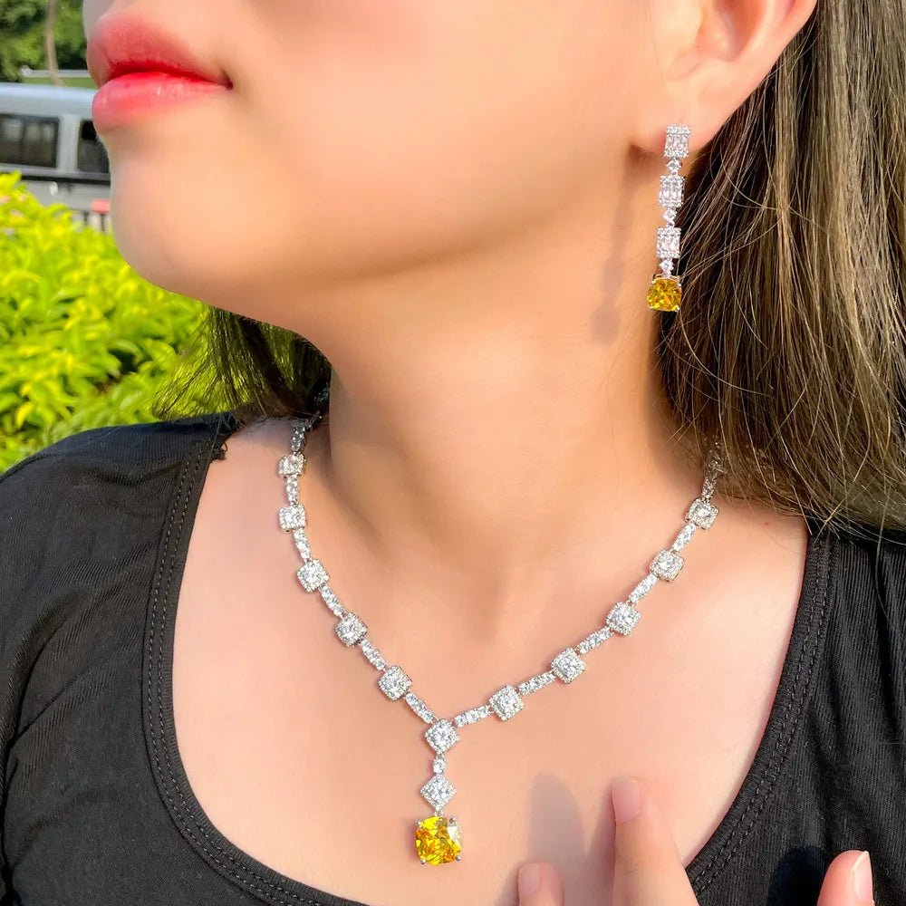 Jewellery SetClassic Square Cut Yellow Bridal Necklace Earrings Jewelry Sets T591 - WS Jewellery