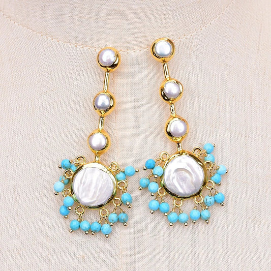 EarringsCoin Pearl Blue Turquoise Beads Dangle Earrings - WS JewelleryEarringNatural Stone Colelction