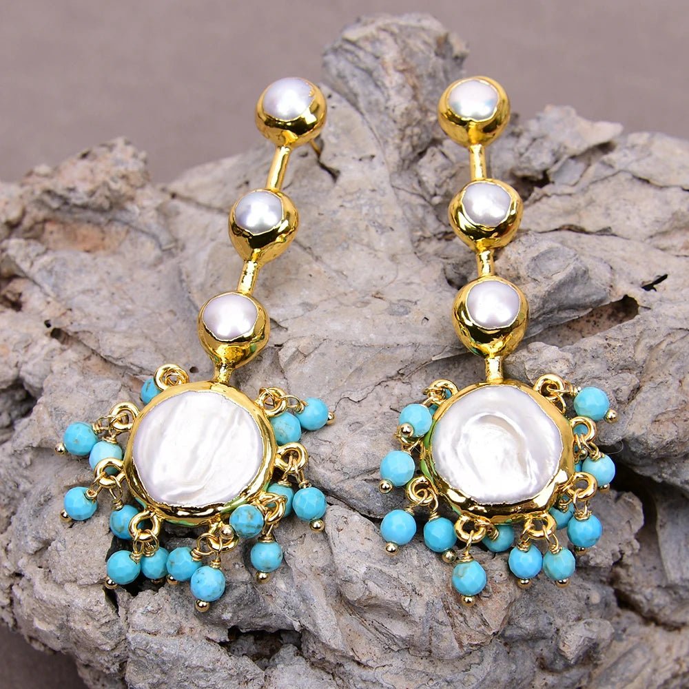 EarringsCoin Pearl Blue Turquoise Beads Dangle Earrings - WS JewelleryEarringNatural Stone Colelction