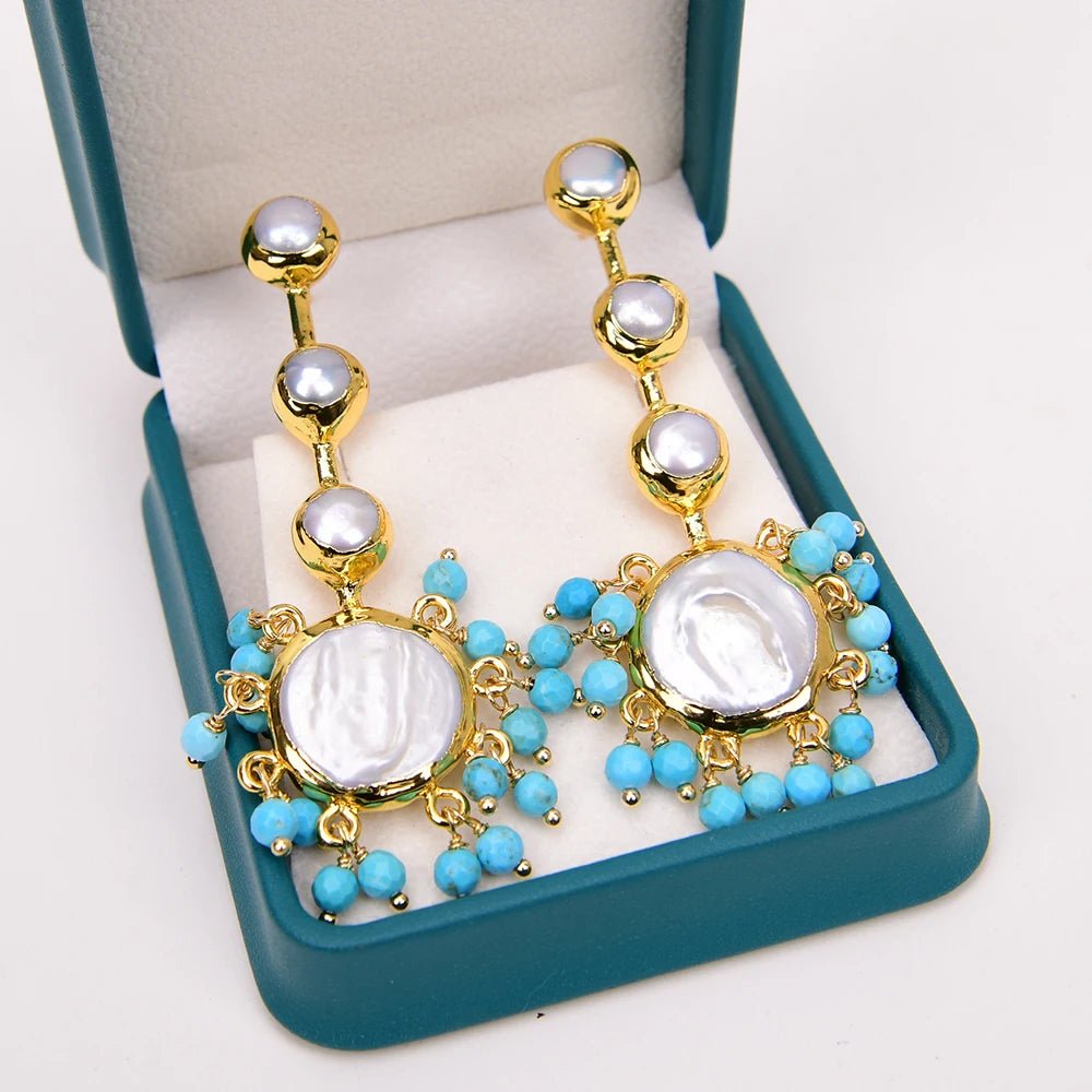 EarringsCoin Pearl Blue Turquoise Beads Dangle Earrings - WS JewelleryEarringNatural Stone Colelction