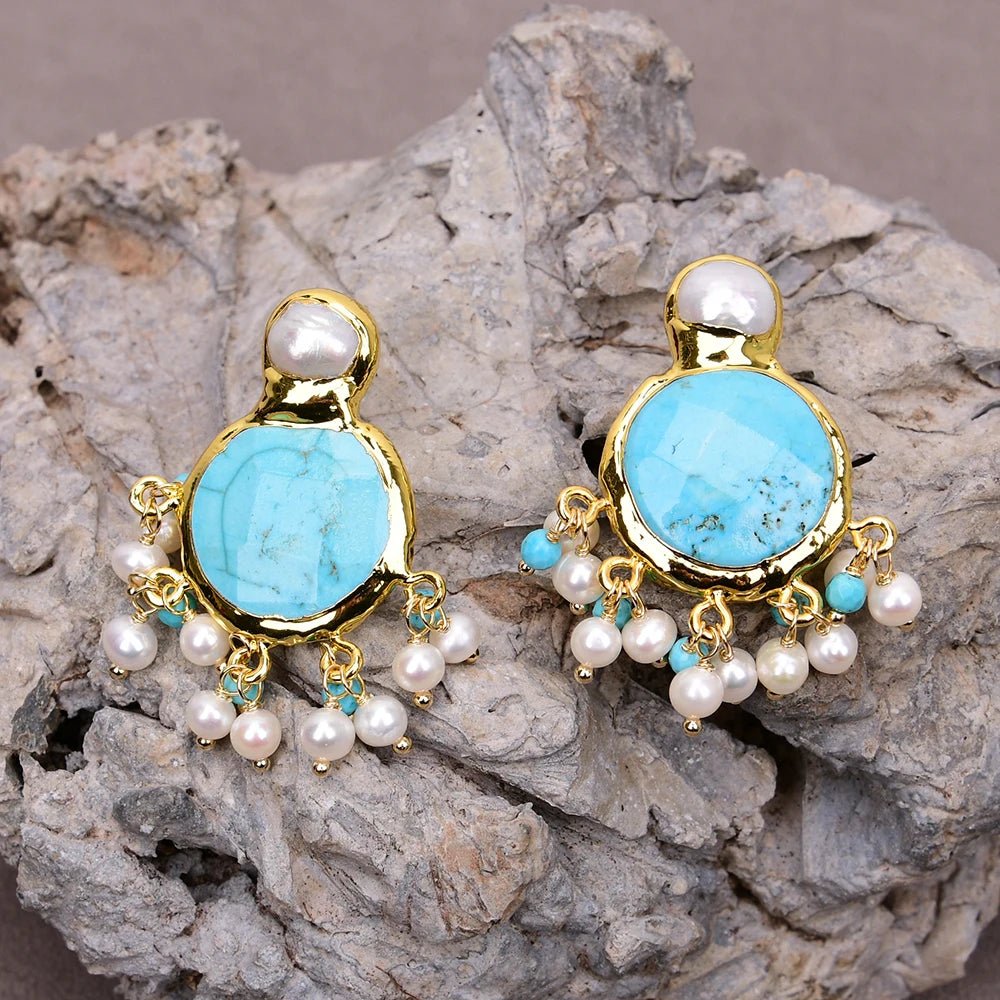 EarringsCultured White Pearl Blue Turquoise Dangle Earrings - WS JewelleryNatural Stone ColelctionPearl Earring