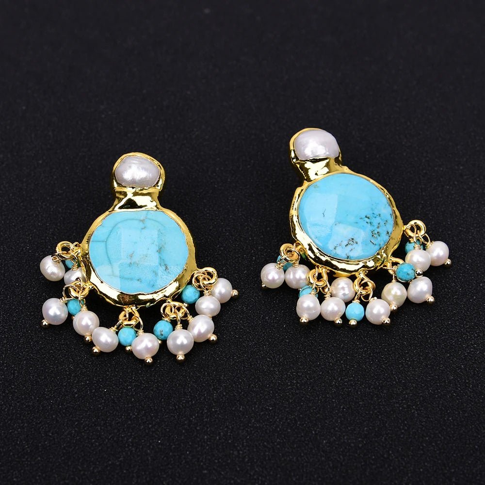 EarringsCultured White Pearl Blue Turquoise Dangle Earrings - WS JewelleryNatural Stone ColelctionPearl Earring