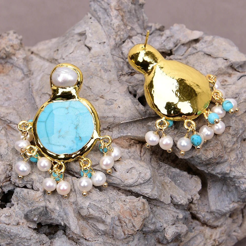 EarringsCultured White Pearl Blue Turquoise Dangle Earrings - WS JewelleryNatural Stone ColelctionPearl Earring