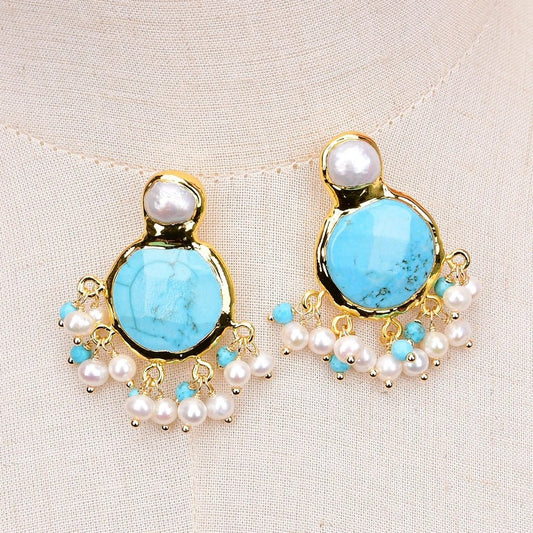 EarringsCultured White Pearl Blue Turquoise Dangle Earrings - WS JewelleryNatural Stone ColelctionPearl Earring