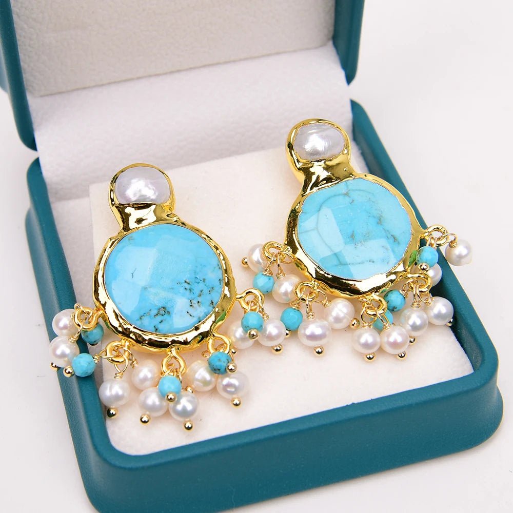 EarringsCultured White Pearl Blue Turquoise Dangle Earrings - WS JewelleryNatural Stone ColelctionPearl Earring