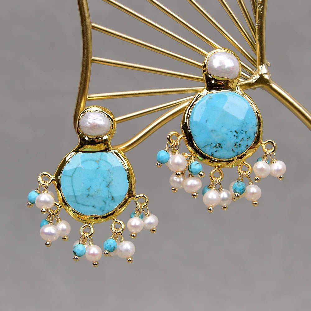 EarringsCultured White Pearl Blue Turquoise Dangle Earrings - WS JewelleryNatural Stone ColelctionPearl Earring