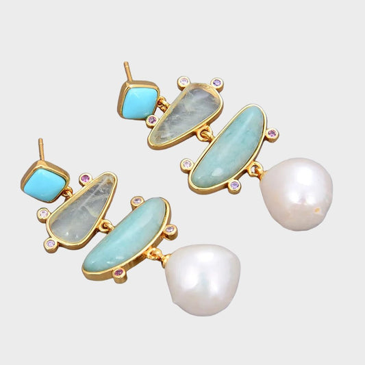 EarringsFreshwater Pearl Blue Turquoise Green Amazonite Stud Earrings - WS JewelleryNatural Stone ColelctionNatural Stone EarringPearl Earring