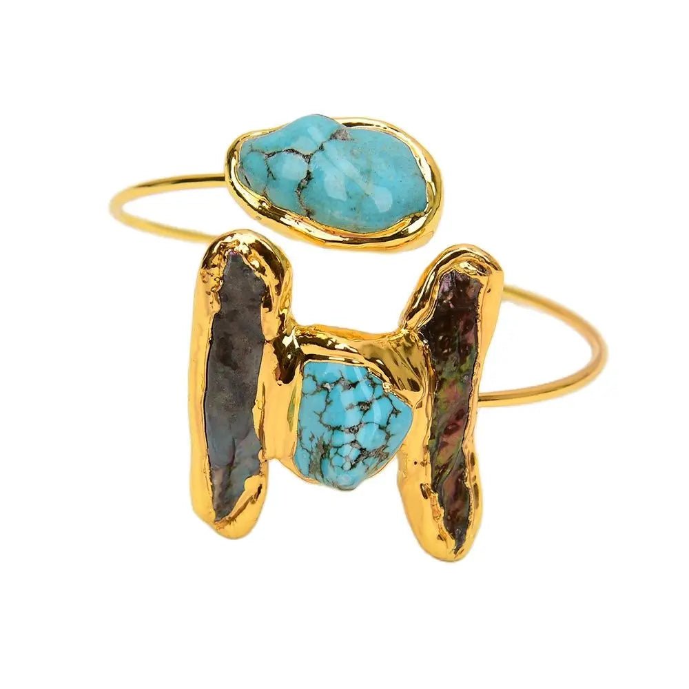 RingsGold Plated Black Pearl Blue Turquoise Bangle Open Bracelet - WS JewelleryBraceletGold Plated BraceletNatural Stone Bracelet
