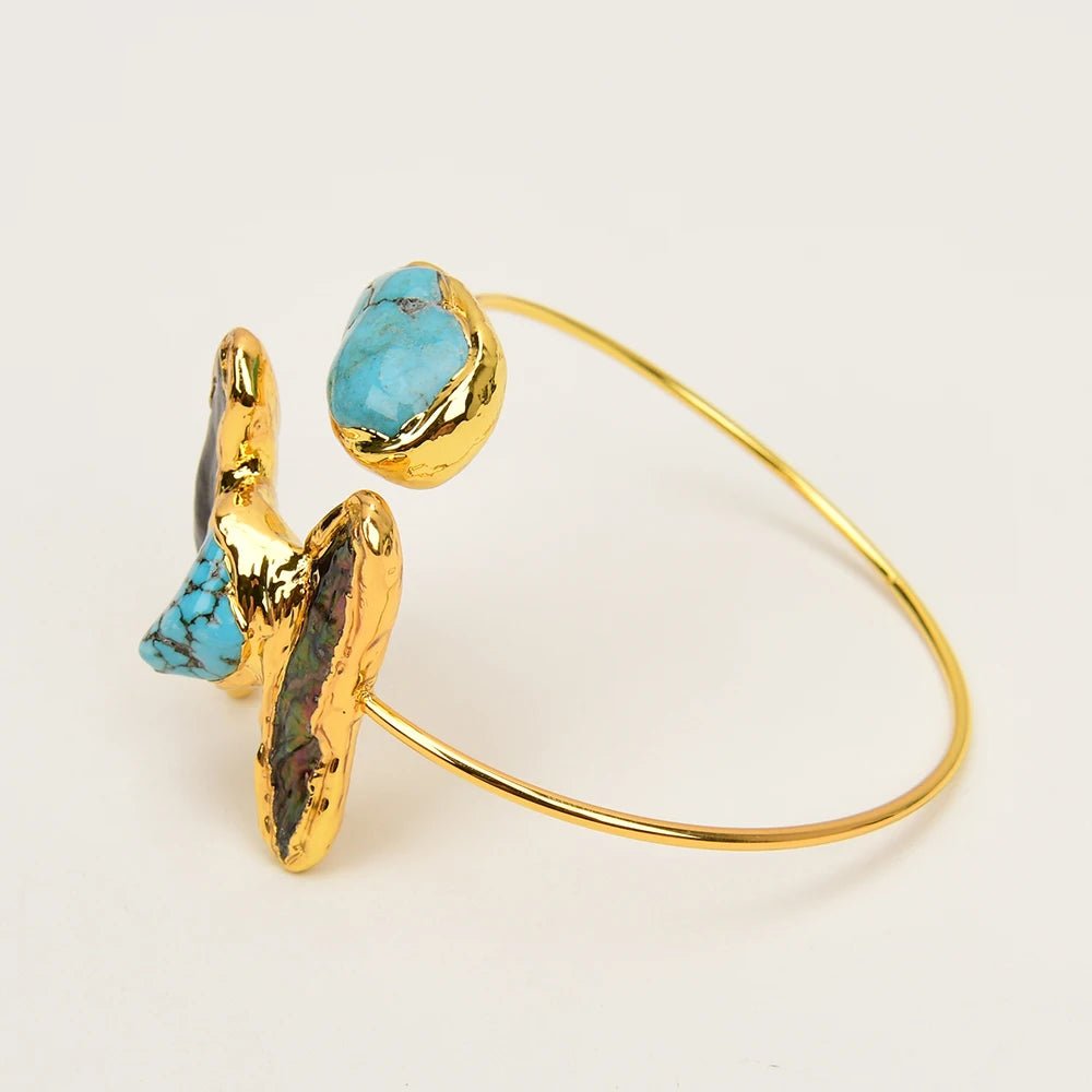 RingsGold Plated Black Pearl Blue Turquoise Bangle Open Bracelet - WS JewelleryBraceletGold Plated BraceletNatural Stone Bracelet