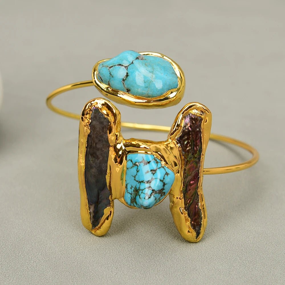 RingsGold Plated Black Pearl Blue Turquoise Bangle Open Bracelet - WS JewelleryBraceletGold Plated BraceletNatural Stone Bracelet