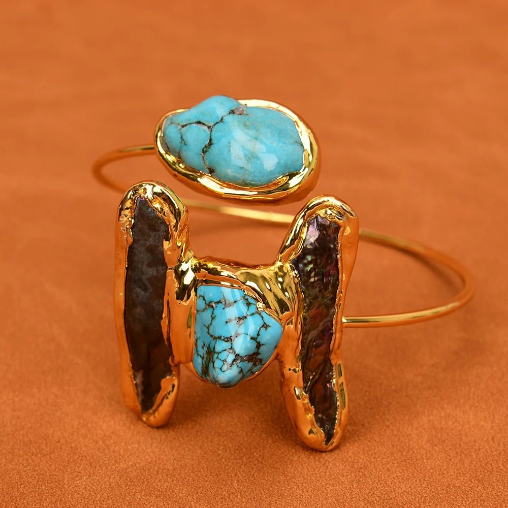 RingsGold Plated Black Pearl Blue Turquoise Bangle Open Bracelet - WS JewelleryBraceletGold Plated BraceletNatural Stone Bracelet