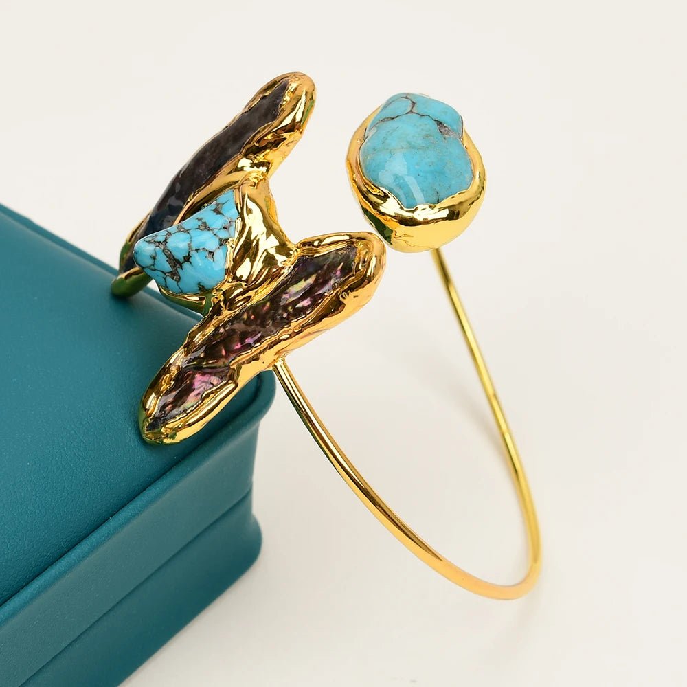 RingsGold Plated Black Pearl Blue Turquoise Bangle Open Bracelet - WS JewelleryBraceletGold Plated BraceletNatural Stone Bracelet