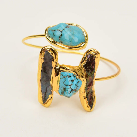 RingsGold Plated Black Pearl Blue Turquoise Bangle Open Bracelet - WS JewelleryBraceletGold Plated BraceletNatural Stone Bracelet