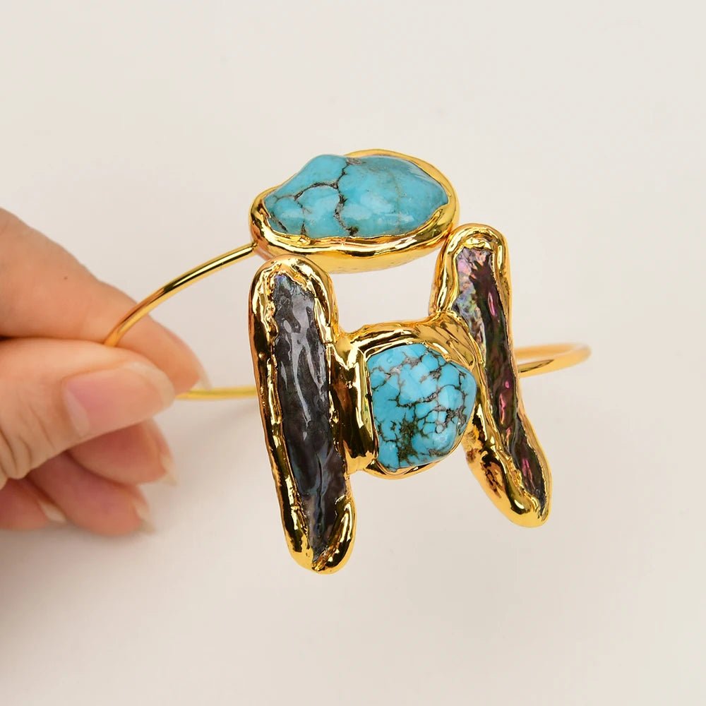 RingsGold Plated Black Pearl Blue Turquoise Bangle Open Bracelet - WS JewelleryBraceletGold Plated BraceletNatural Stone Bracelet