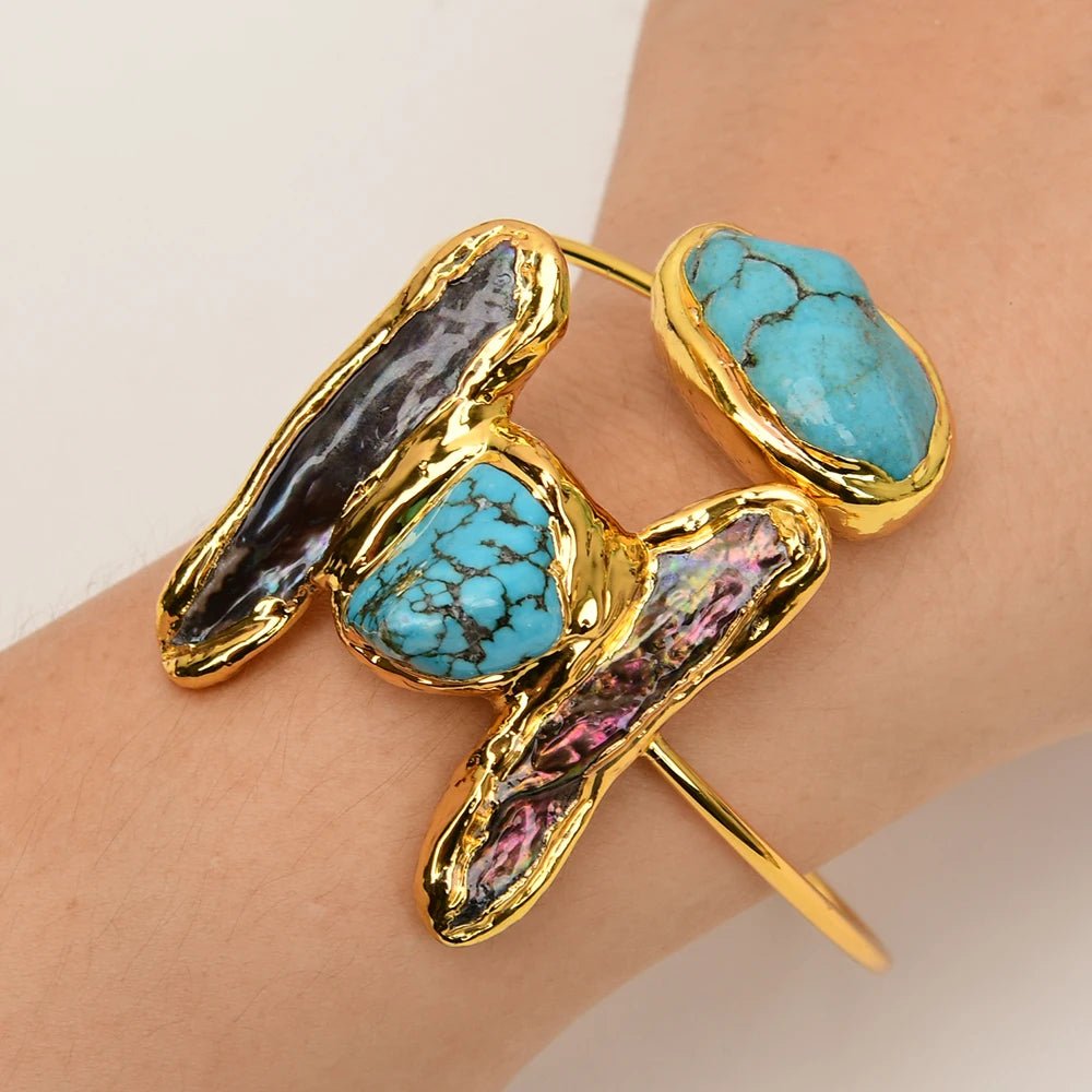 RingsGold Plated Black Pearl Blue Turquoise Bangle Open Bracelet - WS JewelleryBraceletGold Plated BraceletNatural Stone Bracelet