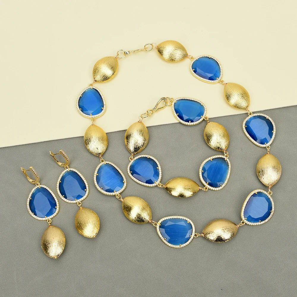 Jewellery SetGold Plated Blue Crystal Oval Bead Necklace Bracelet Earrings Sets - WS JewelleryBraceletGold Plated BraceletNatural Stone Bracelet