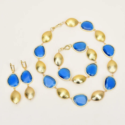Jewellery SetGold Plated Blue Crystal Oval Bead Necklace Bracelet Earrings Sets - WS JewelleryBraceletGold Plated BraceletNatural Stone Bracelet