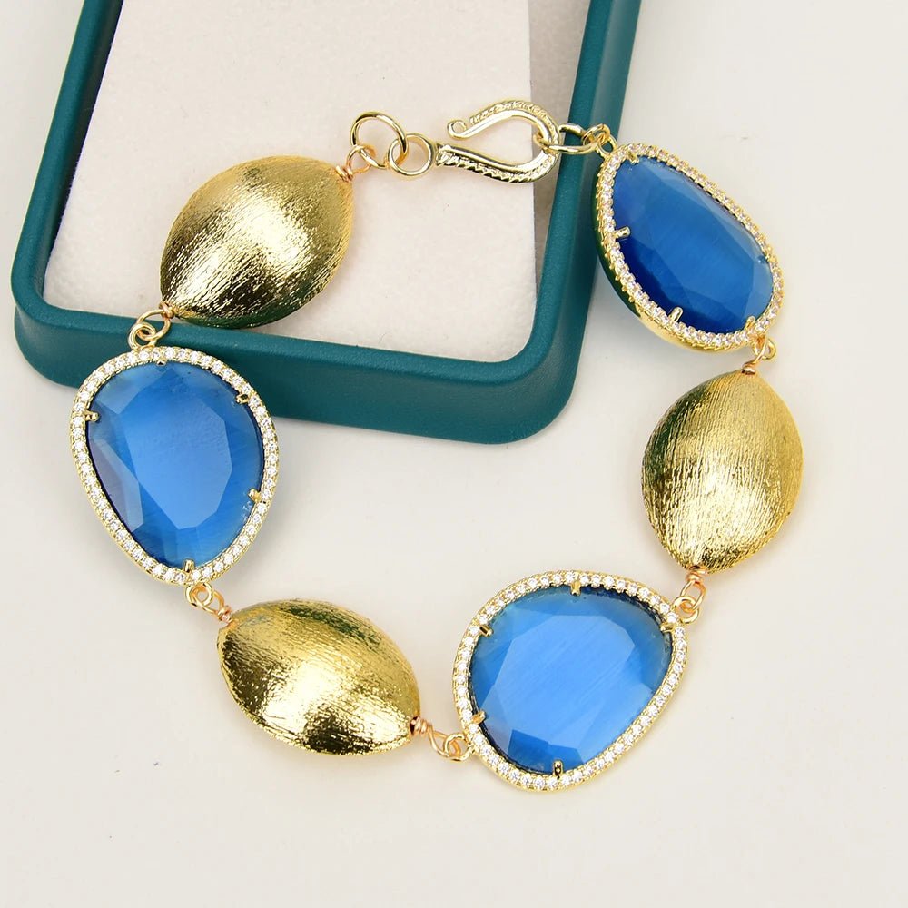 Jewellery SetGold Plated Blue Crystal Oval Bead Necklace Bracelet Earrings Sets - WS JewelleryBraceletGold Plated BraceletNatural Stone Bracelet