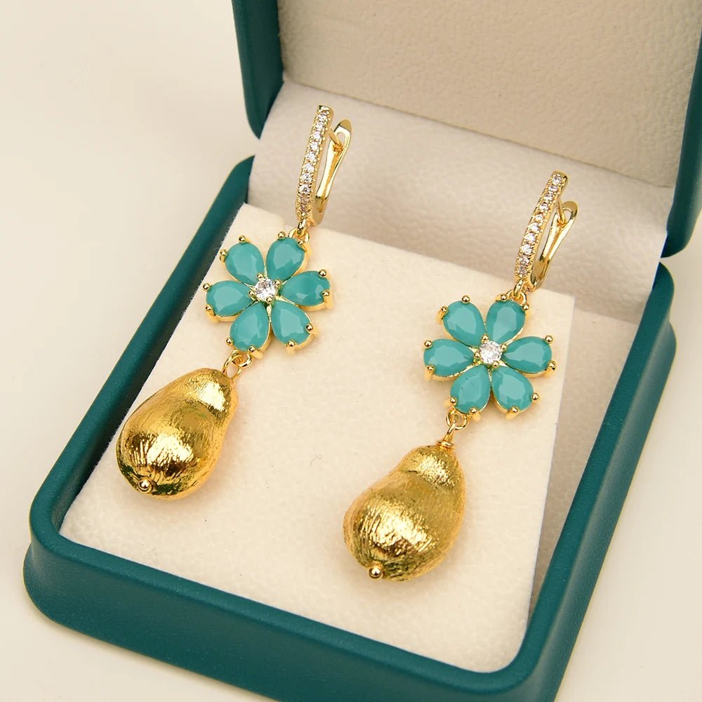 EarringsGold Plated Blue Jade Flower Hook Earrings - WS JewelleryFlower EarringNatural Stone Colelction