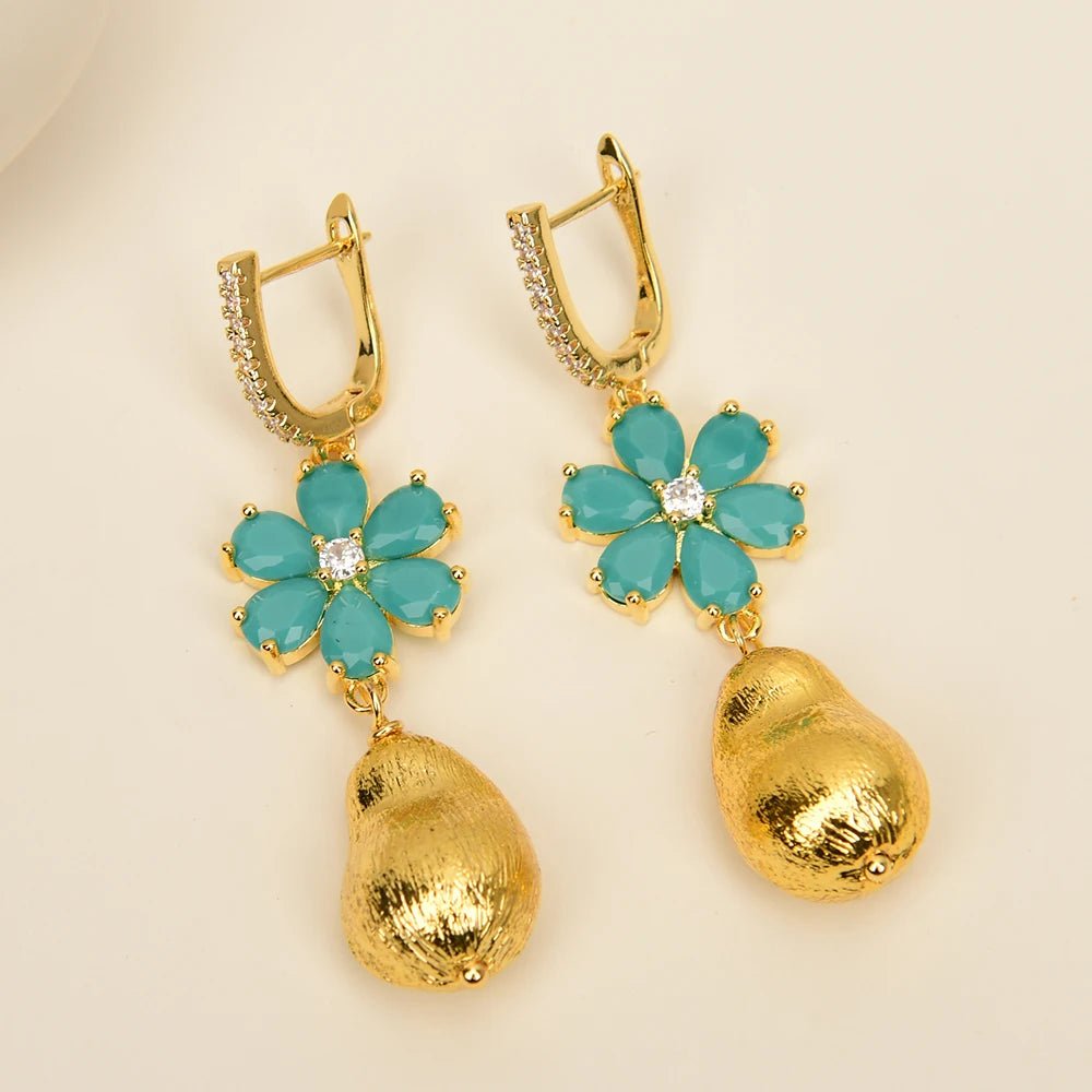 EarringsGold Plated Blue Jade Flower Hook Earrings - WS JewelleryFlower EarringNatural Stone Colelction