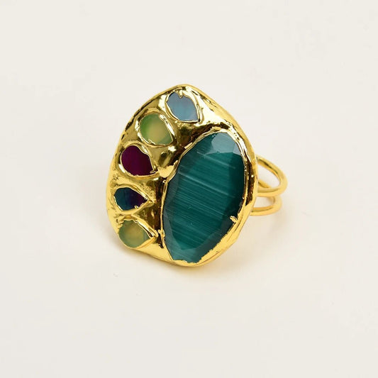 RingsGold Plated Green Cat Eye Multi Color Agates Adjustable Ring - WS JewelleryNatural Stone ColelctionNatural Stone RingRing