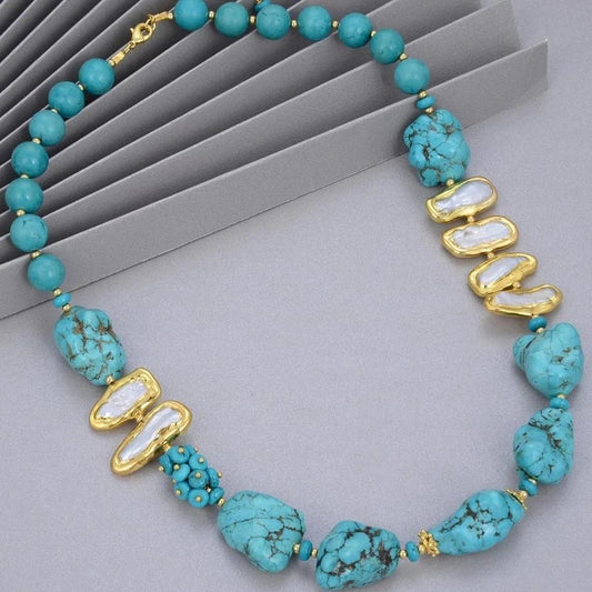 NecklaceGold Plated Natural Freshwater Pearl Blue Turquoise Choker Necklace - WS JewelleryBlue NecklaceNatural Stone ColelctionNatural Stone Necklace