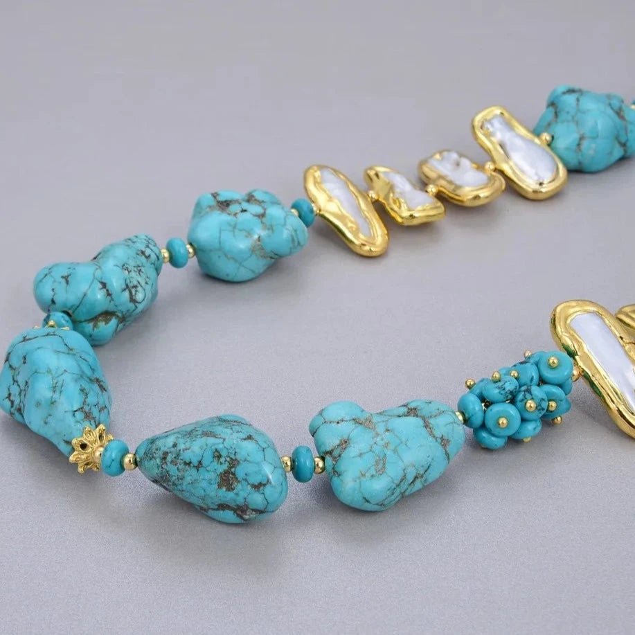 NecklaceGold Plated Natural Freshwater Pearl Blue Turquoise Choker Necklace - WS JewelleryBlue NecklaceNatural Stone ColelctionNatural Stone Necklace