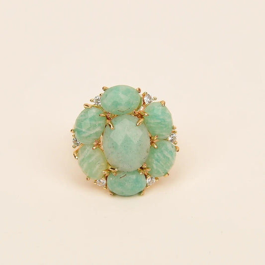 RingsGold Plated Natural Green Amazonite Flower inlaid CZ Adjustable Ring - WS JewelleryNatural Stone ColelctionRing