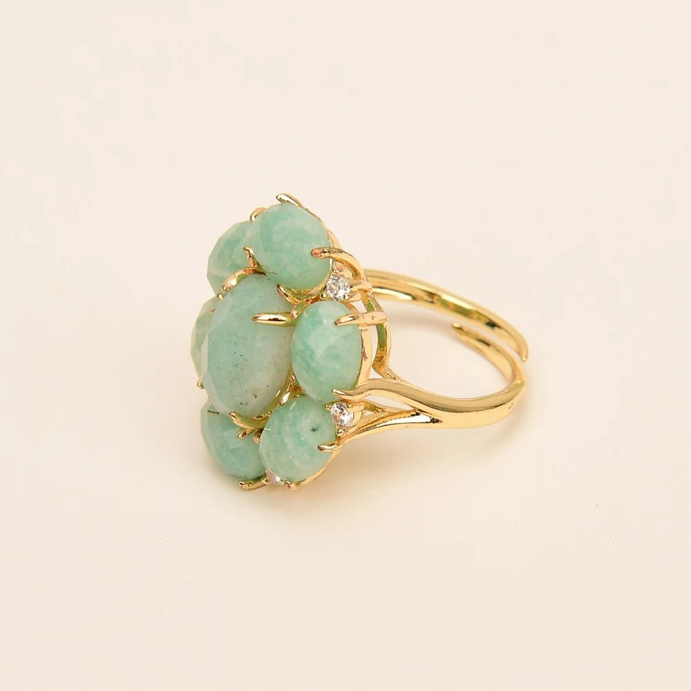 RingsGold Plated Natural Green Amazonite Flower inlaid CZ Adjustable Ring - WS JewelleryNatural Stone ColelctionRing
