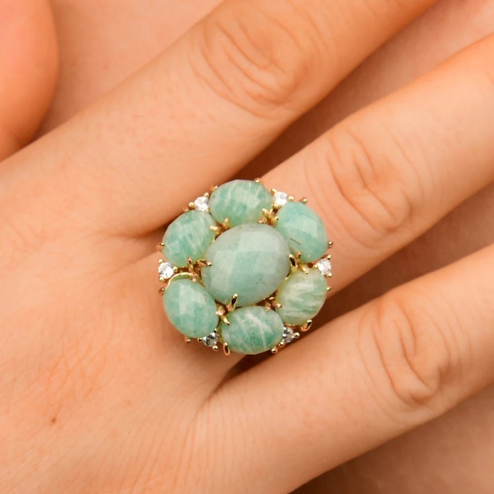 RingsGold Plated Natural Green Amazonite Flower inlaid CZ Adjustable Ring - WS JewelleryNatural Stone ColelctionRing