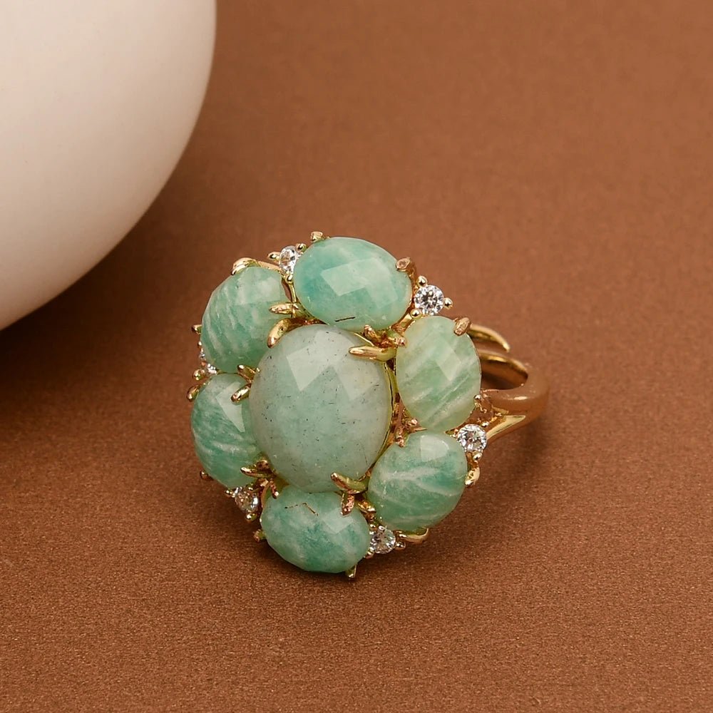 RingsGold Plated Natural Green Amazonite Flower inlaid CZ Adjustable Ring - WS JewelleryNatural Stone ColelctionRing