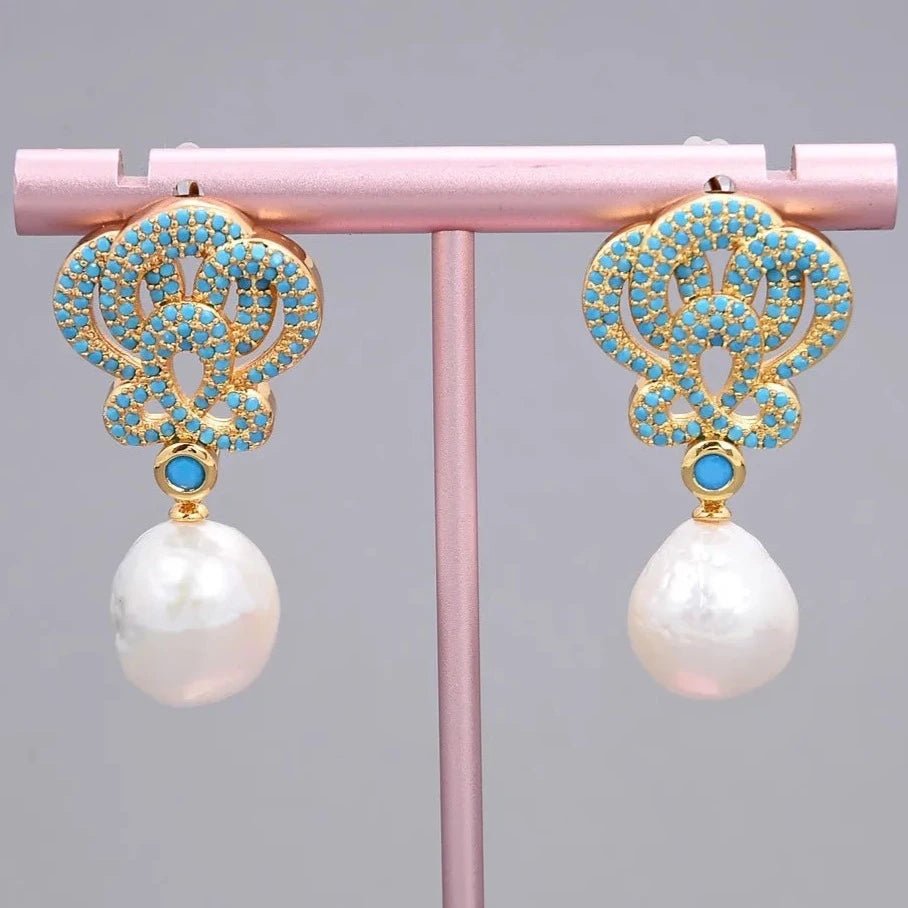 EarringsGold Plated Natural Pearl Blue Turquoise Earrings - WS JewelleryBLUE EARRINGEarringNatural Stone Colelction
