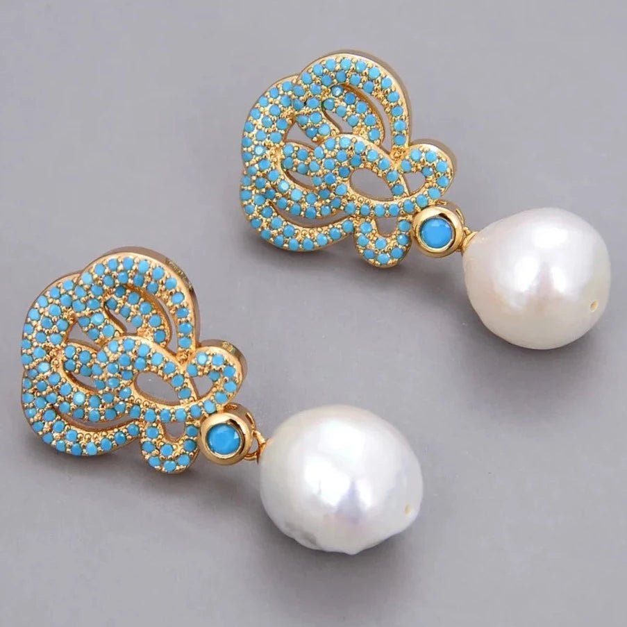 EarringsGold Plated Natural Pearl Blue Turquoise Earrings - WS JewelleryBLUE EARRINGEarringNatural Stone Colelction