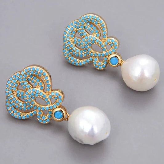 EarringsGold Plated Natural Pearl Blue Turquoise Earrings - WS JewelleryBLUE EARRINGEarringNatural Stone Colelction