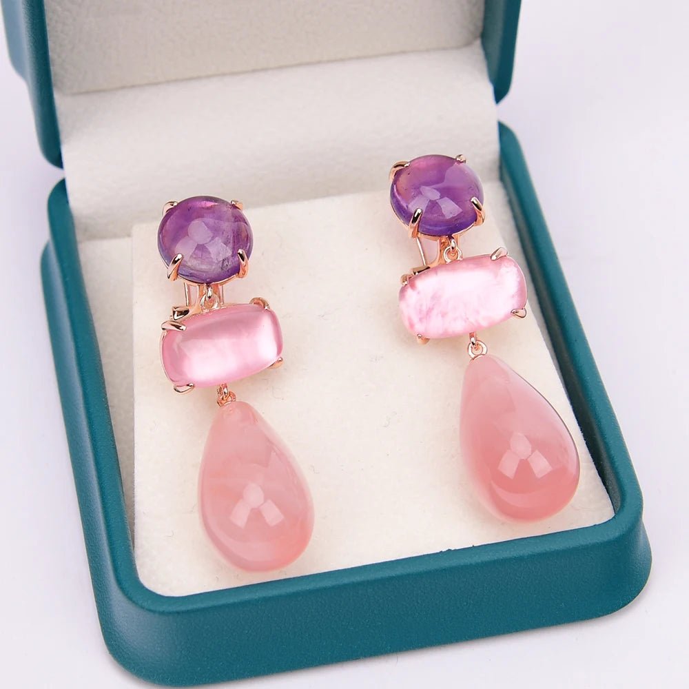 EarringsGold Plated Natural Rose Quartz Amethsyt Teardrop Stud Earring - WS JewelleryNatural Stone ColelctionNatural Stone EarringPearl Earring