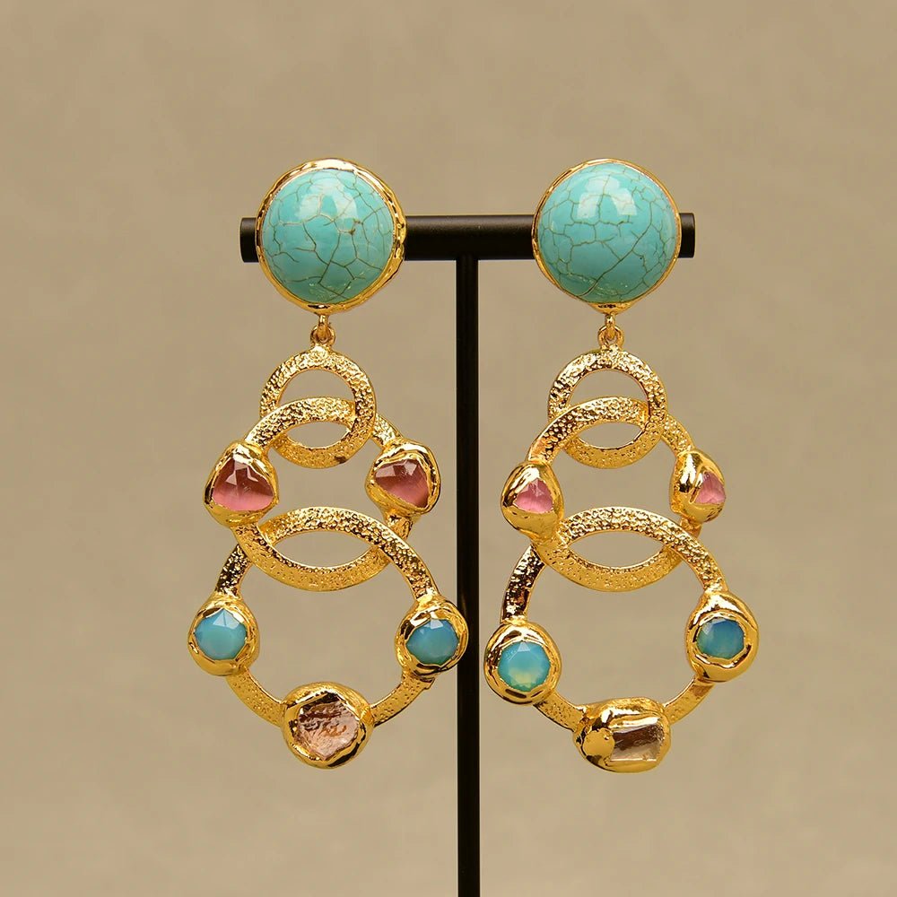 EarringsGold Plated Natural Yellow Citrine Pink Cat Eye Turquoise Stud Earrings - WS JewelleryNatural Stone ColelctionNatural Stone EarringPearl Earring
