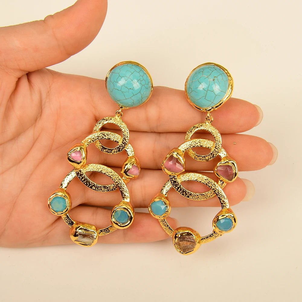 EarringsGold Plated Natural Yellow Citrine Pink Cat Eye Turquoise Stud Earrings - WS JewelleryNatural Stone ColelctionNatural Stone EarringPearl Earring