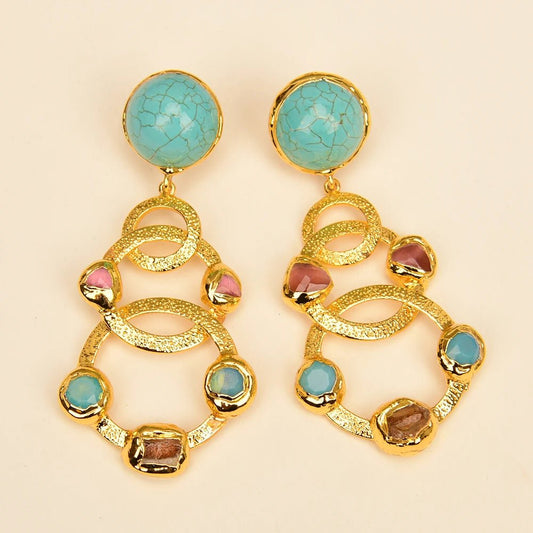 EarringsGold Plated Natural Yellow Citrine Pink Cat Eye Turquoise Stud Earrings - WS JewelleryNatural Stone ColelctionNatural Stone EarringPearl Earring