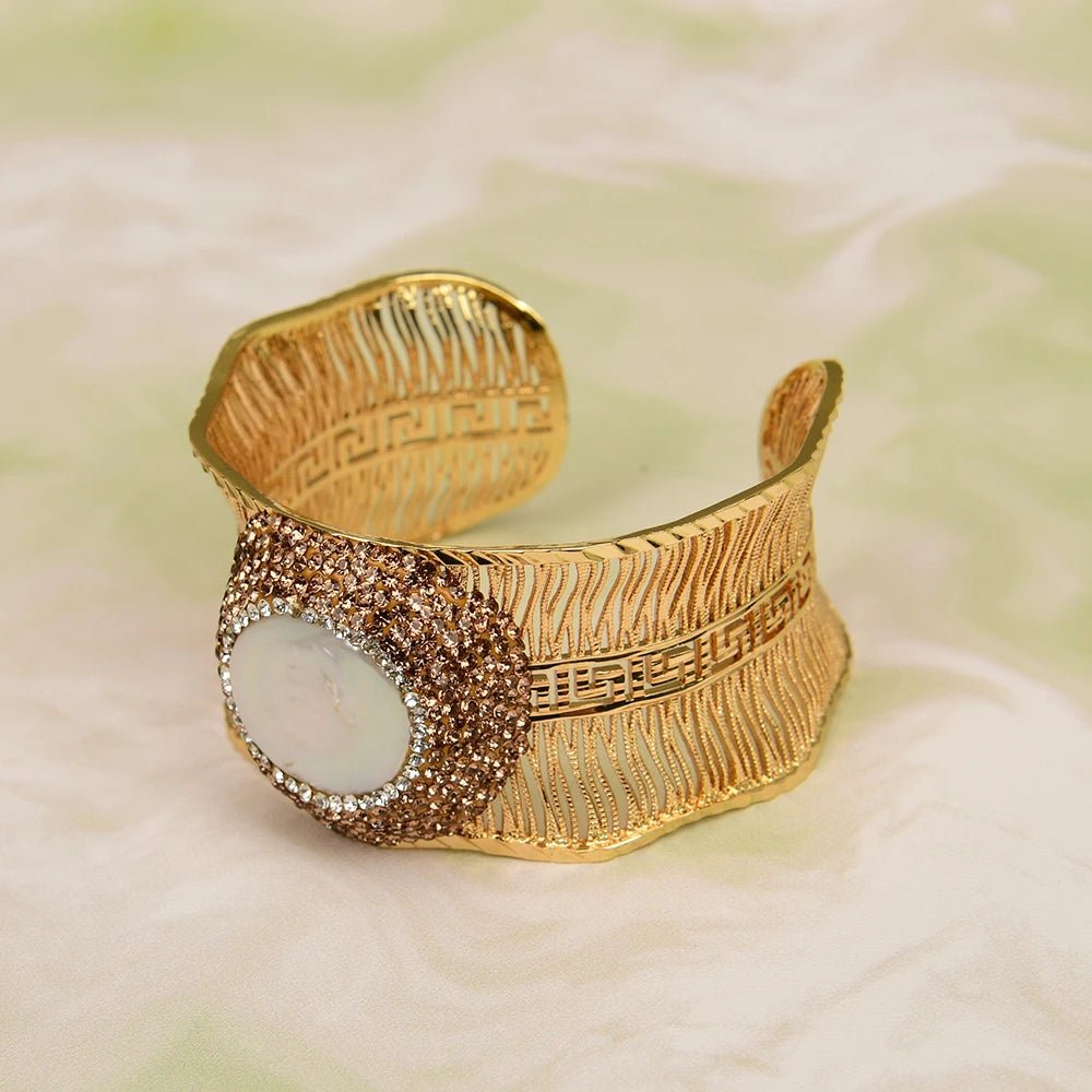 BanglesGold Plated White Coin Pearl Wire Drawing Bangle Bracelet - WS JewelleryBraceletGold Plated BraceletNatural Stone Bracelet