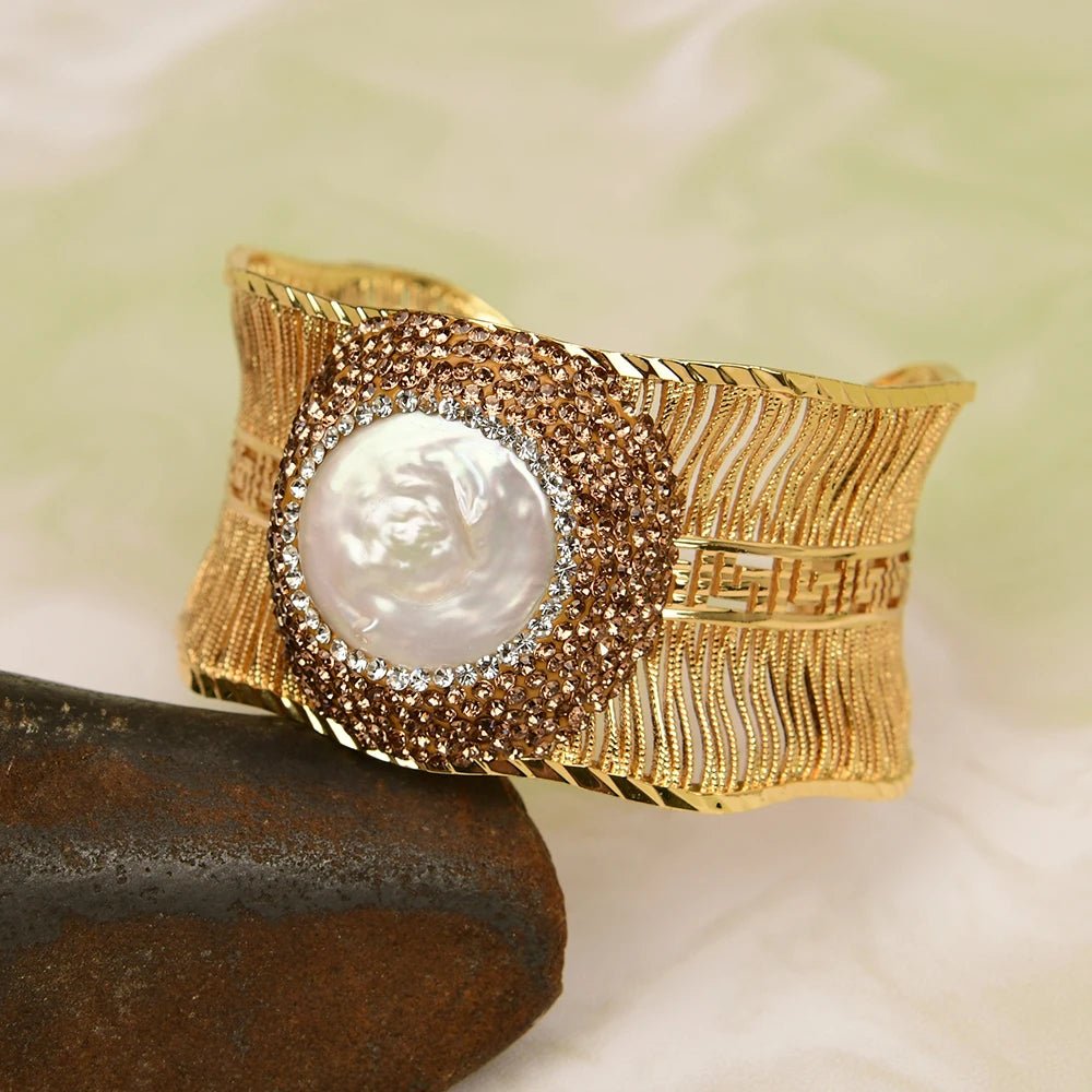 BanglesGold Plated White Coin Pearl Wire Drawing Bangle Bracelet - WS JewelleryBraceletGold Plated BraceletNatural Stone Bracelet