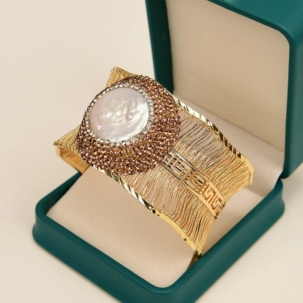BanglesGold Plated White Coin Pearl Wire Drawing Bangle Bracelet - WS JewelleryBraceletGold Plated BraceletNatural Stone Bracelet