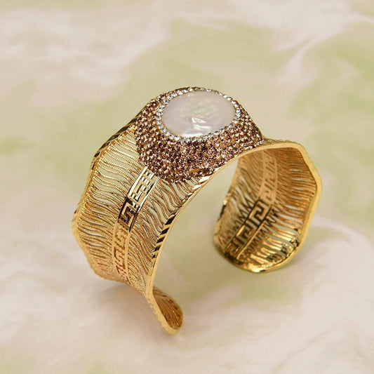 BanglesGold Plated White Coin Pearl Wire Drawing Bangle Bracelet - WS JewelleryBraceletGold Plated BraceletNatural Stone Bracelet