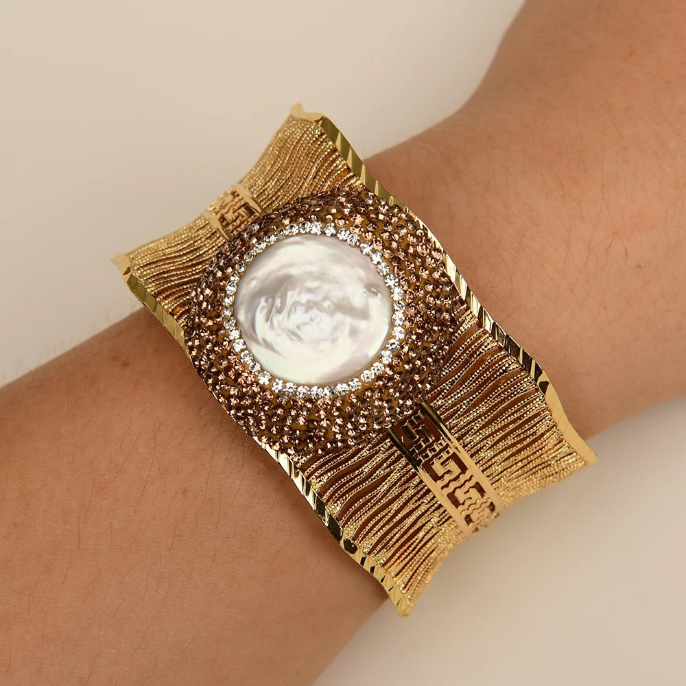 BanglesGold Plated White Coin Pearl Wire Drawing Bangle Bracelet - WS JewelleryBraceletGold Plated BraceletNatural Stone Bracelet