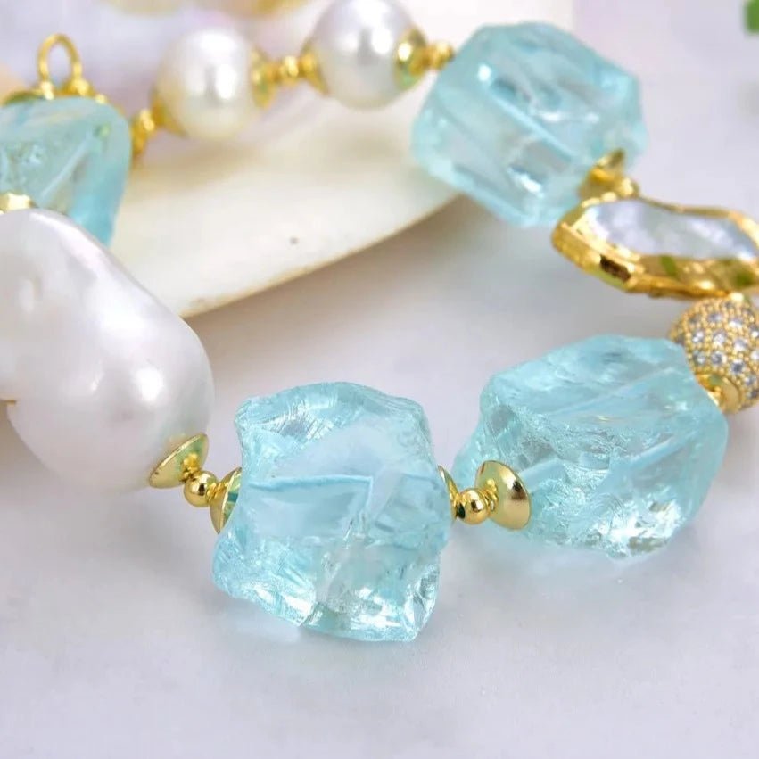 BraceletsGold Plated White Pearl Blue Quartz Bracelet - WS JewelleryBraceletGold Plated BraceletNatural Stone Bracelet