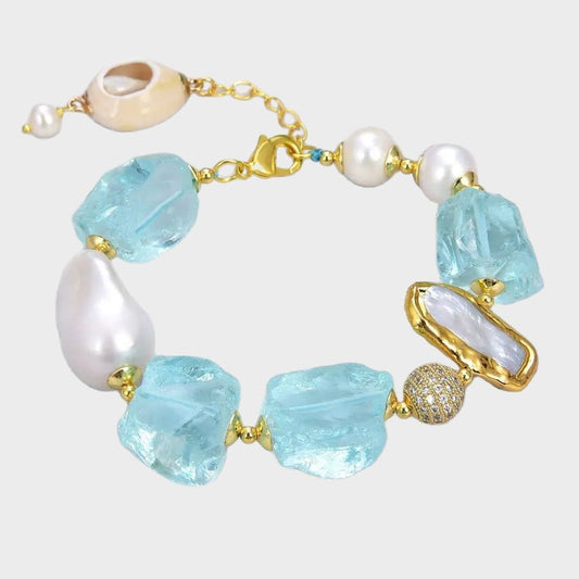 BraceletsGold Plated White Pearl Blue Quartz Bracelet - WS JewelleryBraceletGold Plated BraceletNatural Stone Bracelet