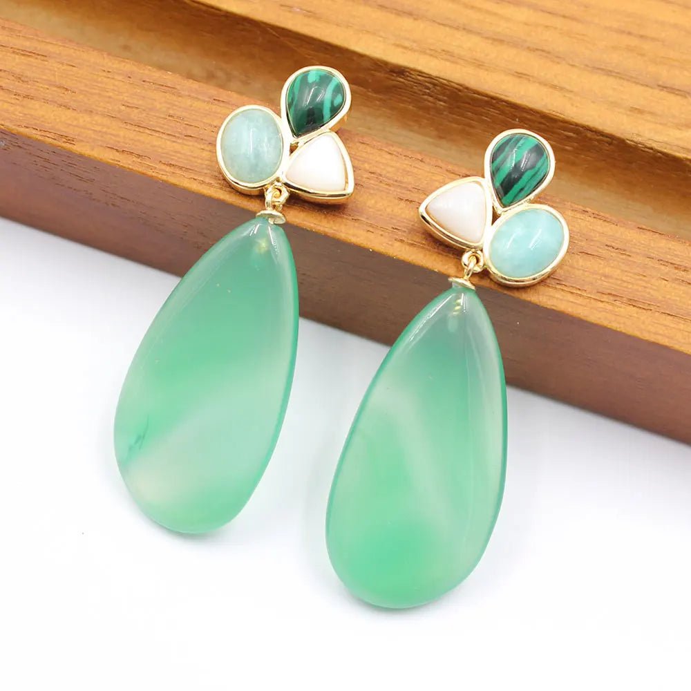 EarringsGreen Agates White Shell Peruvian Amazonites Dangel Stud Earrings - WS JewelleryNatural Stone ColelctionNatural Stone EarringPearl Earring